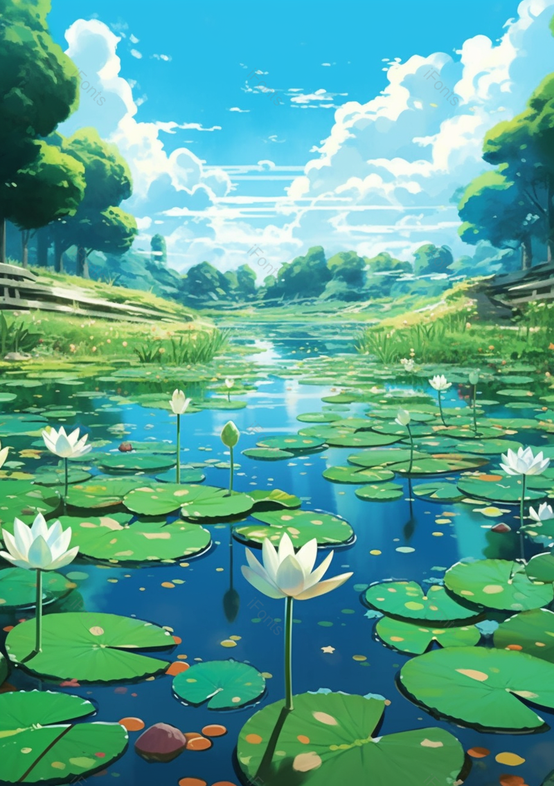 夏天叶子荷塘人物插画背景,插画/手绘图,插画/手绘图库,插画/手绘图下载,插画/手绘